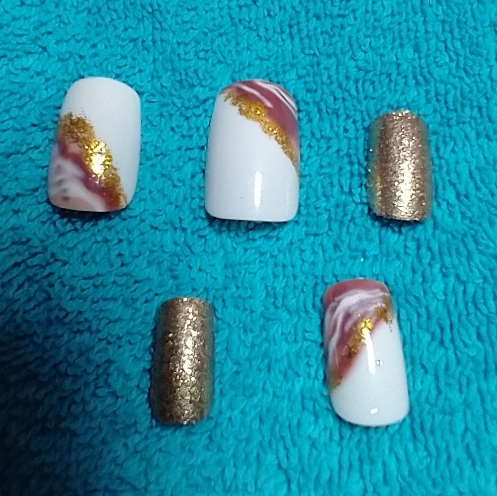 Press on nails white gold glitter purple set